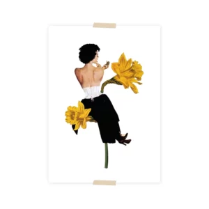 Lylies Postcard collage dame zittend op narcissen